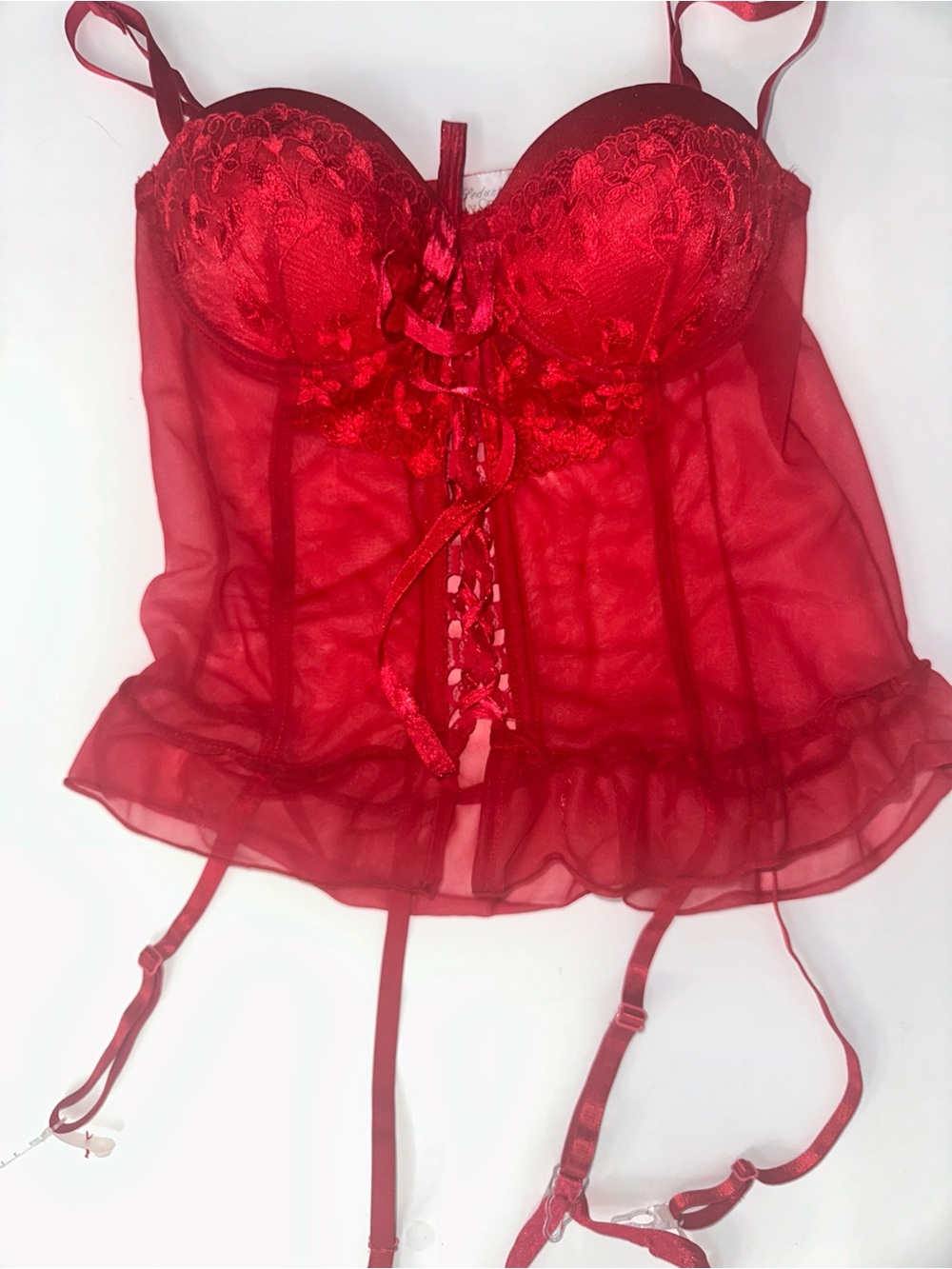 Red Lace & Mesh Bustier Chemise with Garter Straps